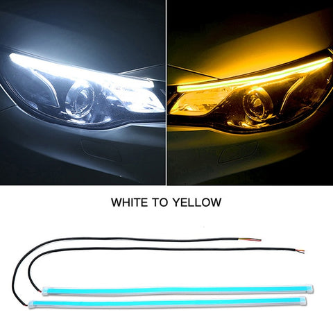 2x Ultrafine DRL 30 45 60cm Daytime Running Light Flexible Soft Tube Guide Car LED Strip White Red Turn signal Yellow Waterproof