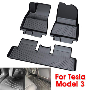 Audew 3Pcs TPO Front & Rear Black Car Floor Mat Custom Fit All-Weather Floor Carpet Cover For Tesla Model 3 Waterproof Durable