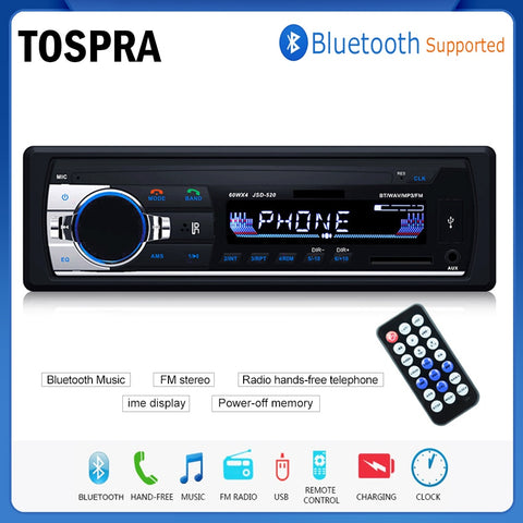 TOSPRA Car Multimedia Player Bluetooth Autoradio MP3 Music Player Car Stereo Radio FM Aux Input Receiver USB   12V In-dash 1 din