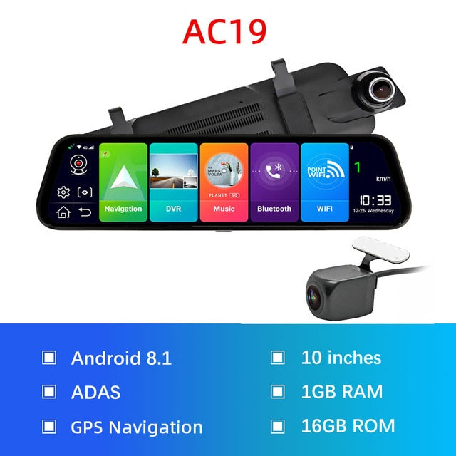 Bluavido 12" IPS Car Mirror DVR GPS 2G RAM 4G LTE Android 8.1 Camera Video Recorder Navigation HD 1080P rearview mirror Dash Cam
