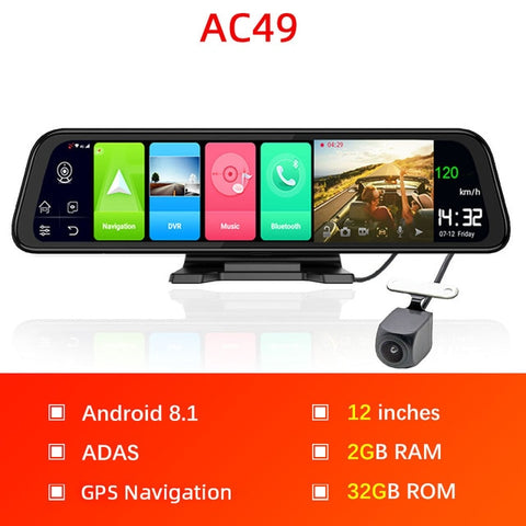 Bluavido 12" IPS Car Mirror DVR GPS 2G RAM 4G LTE Android 8.1 Camera Video Recorder Navigation HD 1080P rearview mirror Dash Cam