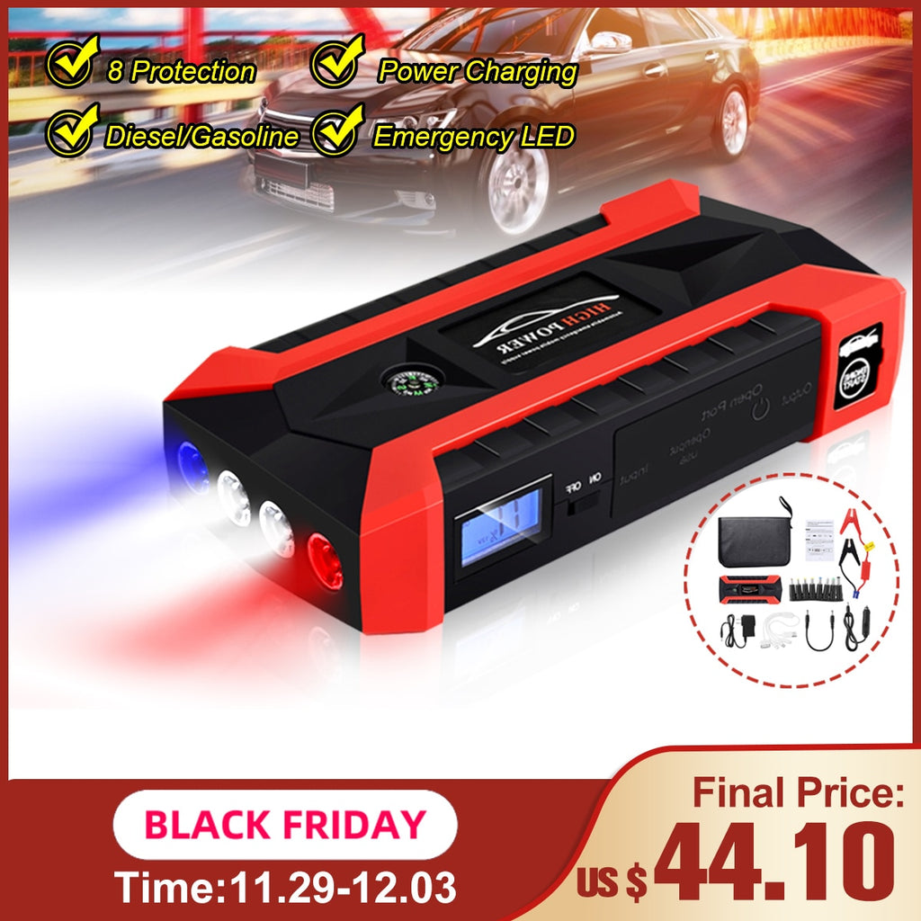 89800mAh 4USB Car Jump Starter Multifunction Emergency Charger Battery Power Bank Pack Booster 12V Starting Device Waterproof