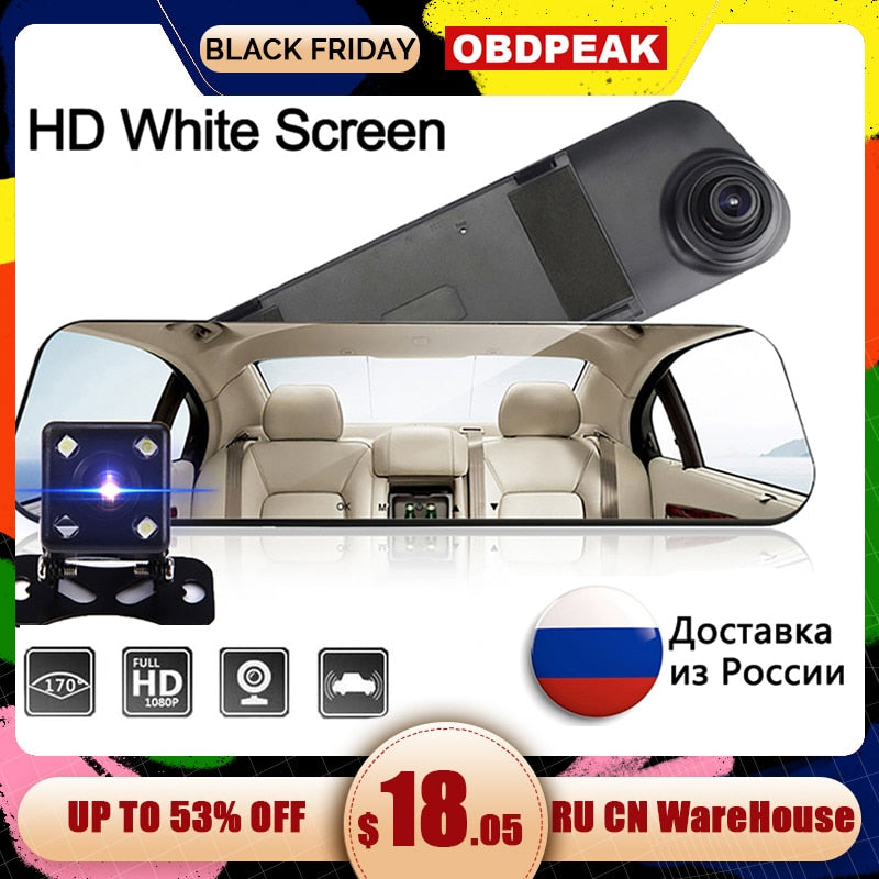 Car DVR Dual Lens Full HD 1080P Dash Cam White Rearview Mirror Car Camera Video Recorder With Rear view DVR Auto Registrator