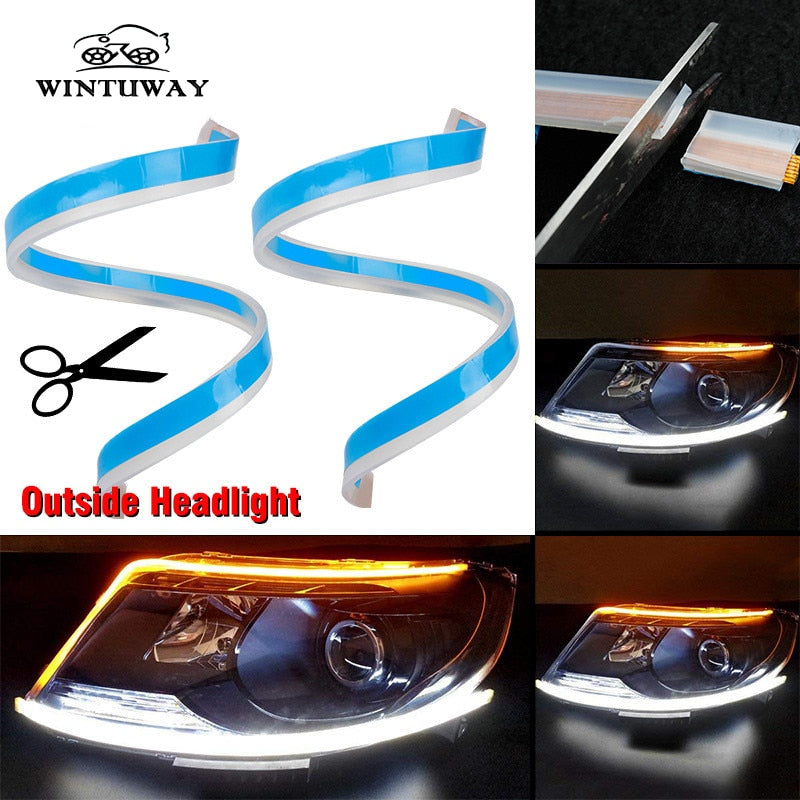 WINTUWAY 2x Ultrafine Cars DRL LED Daytime Running Lights White Turn Signal Yellow Guide Strip for Headlight Assembly