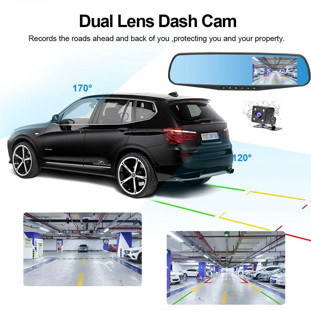 Full HD 1080P Video Recorder with Rear View Camera Dash Cam 4.3'' Rearview Mirror Car DVR Dual Lens Night Vision Car Camera