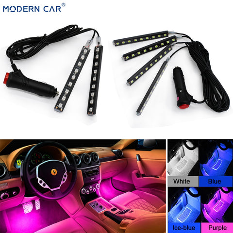 MODERN CAR 9 LED 2/4 In 1 Interior 5050 Atmosphere Lights Dash Floor Foot Strip Lights Cigarette Lighter Adapter Decorative Lamp