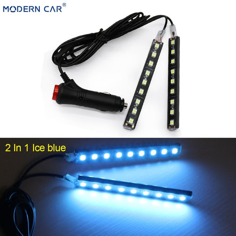 MODERN CAR 9 LED 2/4 In 1 Interior 5050 Atmosphere Lights Dash Floor Foot Strip Lights Cigarette Lighter Adapter Decorative Lamp