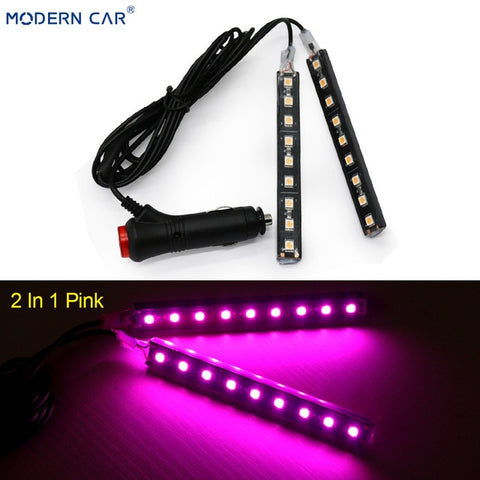 MODERN CAR 9 LED 2/4 In 1 Interior 5050 Atmosphere Lights Dash Floor Foot Strip Lights Cigarette Lighter Adapter Decorative Lamp