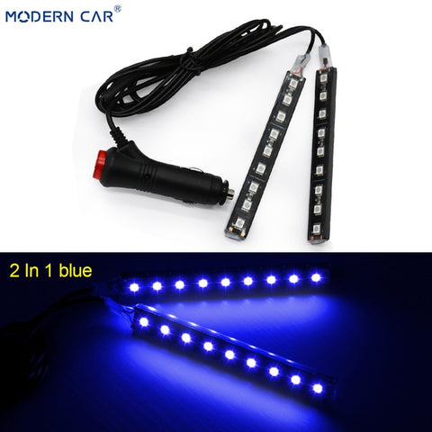 MODERN CAR 9 LED 2/4 In 1 Interior 5050 Atmosphere Lights Dash Floor Foot Strip Lights Cigarette Lighter Adapter Decorative Lamp