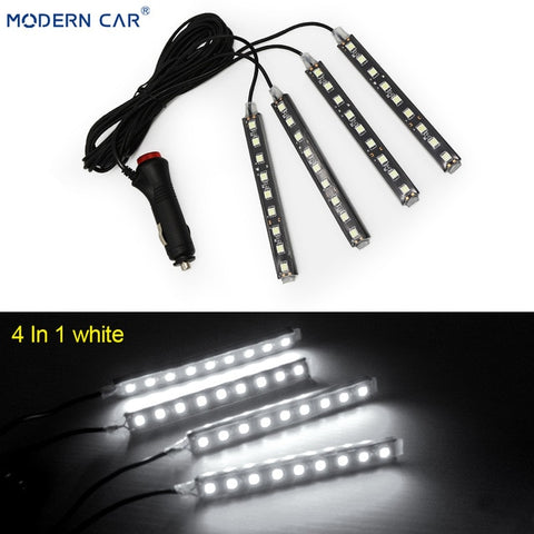MODERN CAR 9 LED 2/4 In 1 Interior 5050 Atmosphere Lights Dash Floor Foot Strip Lights Cigarette Lighter Adapter Decorative Lamp