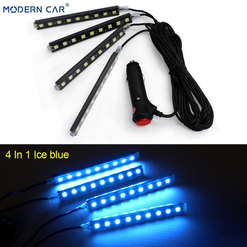 MODERN CAR 9 LED 2/4 In 1 Interior 5050 Atmosphere Lights Dash Floor Foot Strip Lights Cigarette Lighter Adapter Decorative Lamp