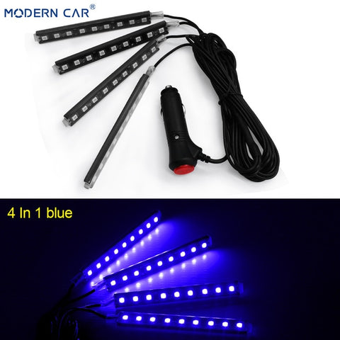 MODERN CAR 9 LED 2/4 In 1 Interior 5050 Atmosphere Lights Dash Floor Foot Strip Lights Cigarette Lighter Adapter Decorative Lamp