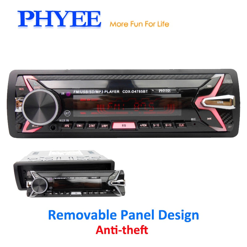 Detachable Car Radio Bluetooth Autoradio USB 1 Din Stereo Audio MP3 Player SD Aux-in FM Tuner High Power Head Unit PHYEE 4785BT